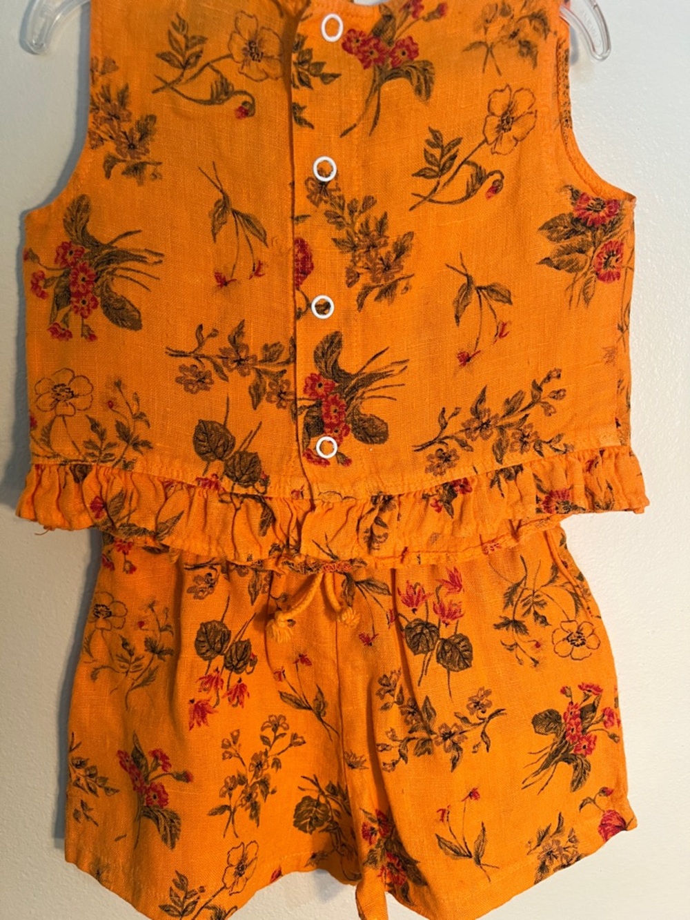 Vintage Kids Handmade Floral Ruffle Linen Tank & Shorts Set - Orange 2T - Picture 6 of 8